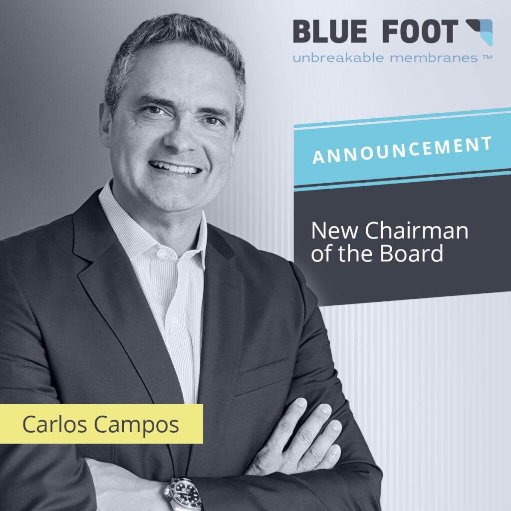Carlos Campos appointed as Chairman of the Board at Blue Foot Membranes – expert leadership in MBR membrane technology for wastewater treatment.
